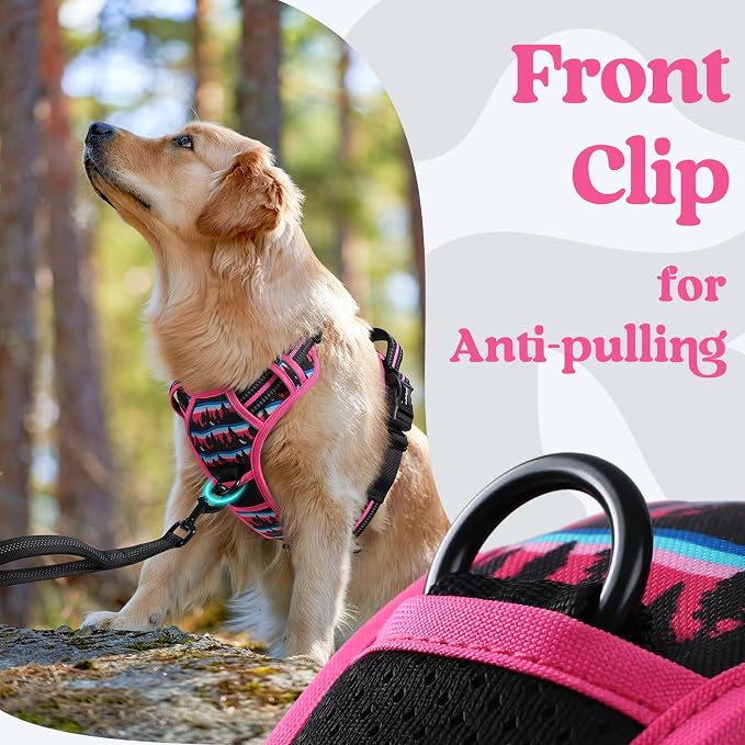 rabbitgoo Dog Harness for Large, No Pull Easy On & Off with 3 Buckles Pet Harness, Adjustable Soft Walking Vest with 2 Clips and Handle, Reflective for Large Dogs, Mountain Rose, L