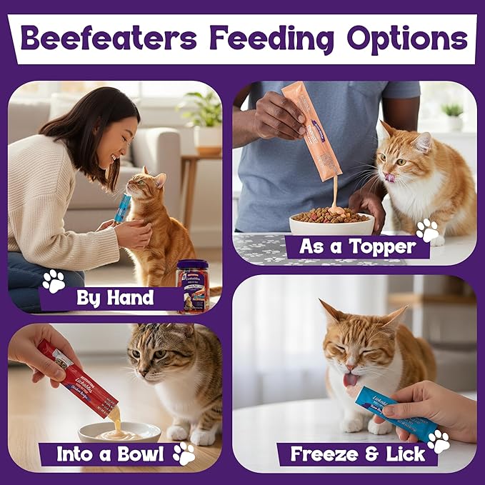 Beefeaters Lickable Cat Treats 48 Count – Puree Squeeze Up Tubes Variety Pack (Salmon, Tuna & Chicken) | Grain Free, Taurine Enriched, High Moisture for Picky Eaters | Cat Treat Topper or Snack