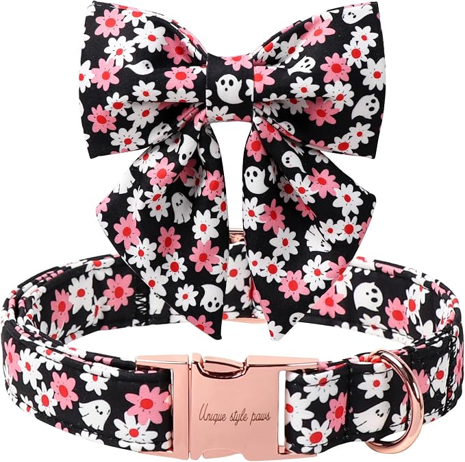Unique style paws Cartoon Dog Collar with Bowtie Autumn Halloween Puppy Collar with Ghost Flower for Small Medium Large Boys Girls Dogs
