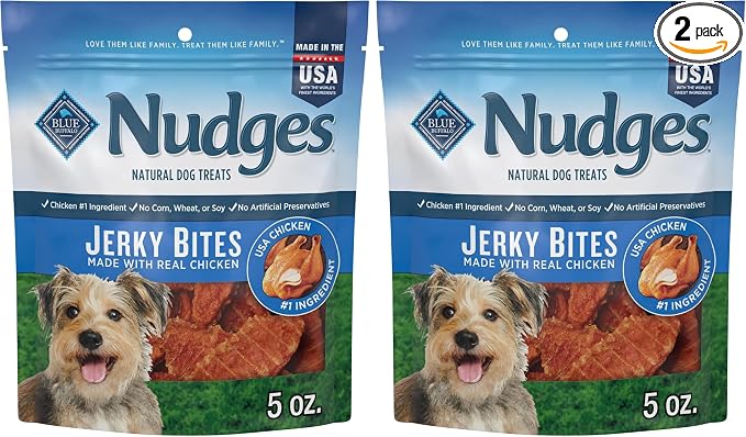Blue Buffalo Nudges Jerky Bites Dog Treats, Made in The USA with Natural Ingredients, Bite-Sized Pieces, Chicken, 5-oz Bag (Pack of 2)