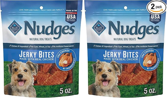 Blue Buffalo Nudges Jerky Bites Dog Treats, Made in The USA with Natural Ingredients, Bite-Sized Pieces, Chicken, 5-oz Bag (Pack of 2)