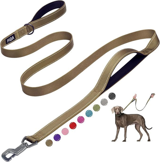 Fida 6 FT Heavy Duty Dog Leash with 2 Comfortable Padded Handles, Traffic Handle & Advanced Easy Snap Hook, Reflective Walking Lead for Large, Medium & Small Breed Dogs, Brown