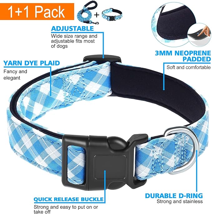 Ladoogo Reflective Dog Collar Padded with Soft Neoprene Breathable Adjustable Nylon Dog Collars for Small Medium Large Dogs (Large (Pack of 1), Vivid Blue Plaid Collar+Leash)