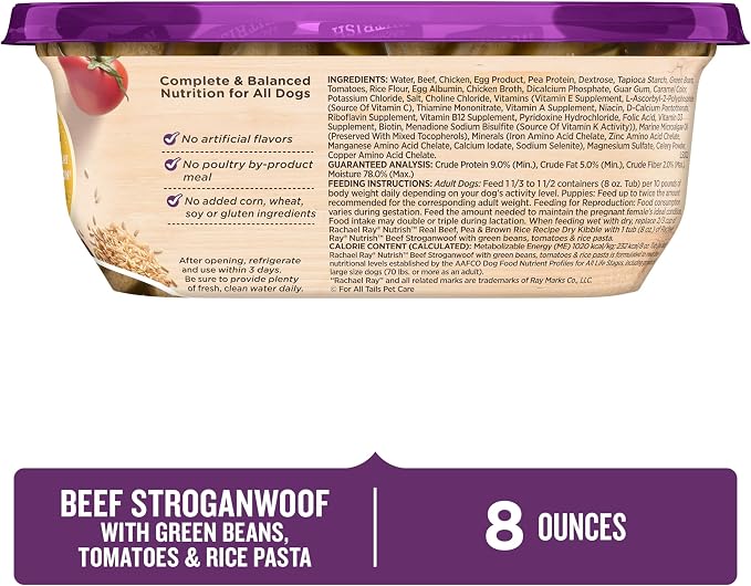 Nutrish Rachael Ray Wet Dog Food, Beef Stroganwoof with Green Beans, Tomatoes & Rice Pasta Recipe, 8 oz. Tub (Pack of 8)