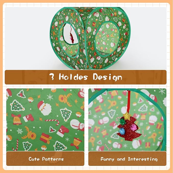 Andiker Cat Tent, 3 Holes Safe and Strong Cute Cats Tunnel Collapsible Easy to Carry Cat House for Indoor Cats Kittens Hiding Playing Training Sleeping (Square Green)