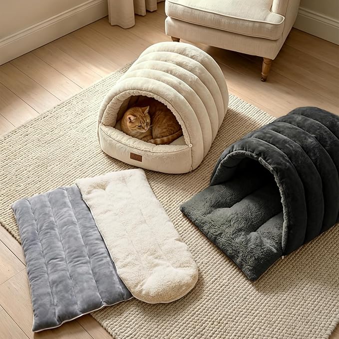 Covered Cat Bed Cave for Indoor Cats, 2-in-1 Enclosed Pet Bed for Small Dogs and Kittens with Zippered Washable Cat Mats, Cat House Bed, Grey