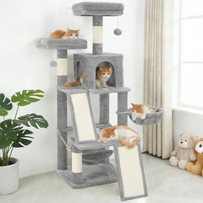 Gitelsnour Multi-Level Cat Tree for Indoor Cats, Cat Tower with 2 Scratching Boards, 2 Plush Padding Platforms, Cat Condo House with Hammock, Basket, Light Gray GCT022W