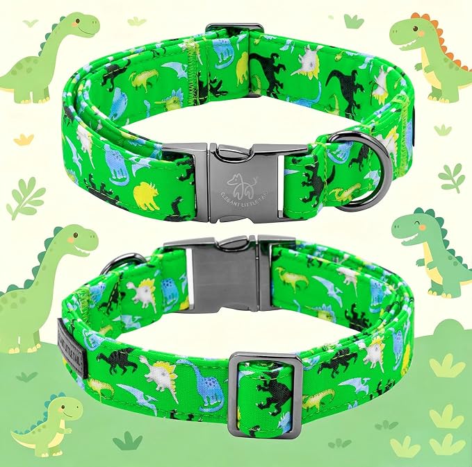 Elegant little tail Boy Dog Collar, Dinosaurs Pet Collars with Bow for Medium Dogs, Sturdy Metal Buckle Soft Cotton Bowtie Fabric Summer Adjusatble Dog Collar for Medium Dogs