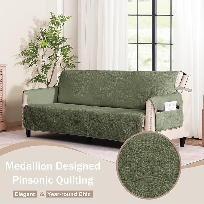 Quilted Olive Green Sofa Slipcovers with Pockets, Anti-Slip Medallion Couch Covers for 3 Cushion Sofa, Couch Cover for Dogs Cats Water-Repellent Machine Washable (Large Sofa 68", Olive Green)