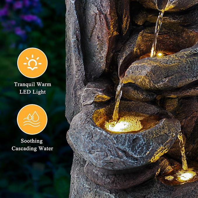 Solarbloom 19.9" H Water Fountain Outdoor/Indoor, Garden Fountain, 5-Tiers Cascading Stacked Stone Bowl Waterfall Fountain with LED Lights for Patio Yard Deck Decor
