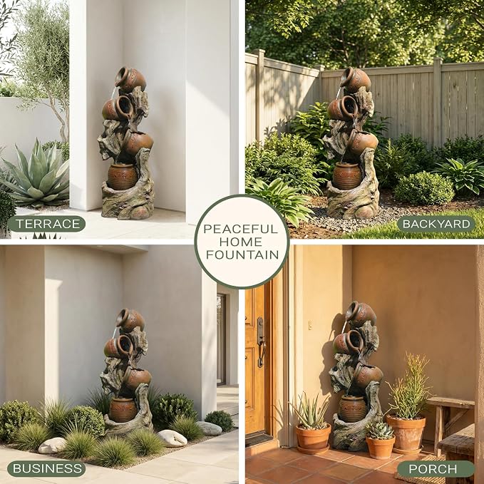 47" H Outdoor Water Fountain with LED Lights, 4-Tier Cascading Water Fountain for Indoor & Outdoor Use, Garden Patio Waterfall Fountain with Rustic Wood-Style Design for Porch, Backyard Décor