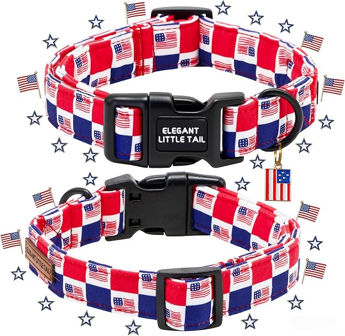 Elegant Little Tail 4th of July Dog Collar with Pendant, American Dog Collars Patriotic Red White Blue Pattern, Sturdy Quick-Release Plastic Buckle Adjustable Pet Collar for Large Dogs