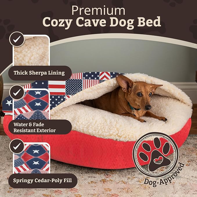 Snoozer Cozy Cave Dog Bed - Indoor Dog Bed with Cover Cave, Covered Calming Burrow for Medium & Large Sized Pets with Blanket Attached, Enclosed, Removable Washable Cover - XL, Starpatch Red Diamond