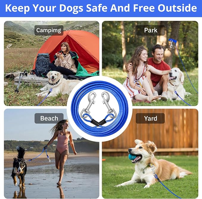 jenico Dog Tie Out Cable: 25ft Dog Leads for Yard Heavy Duty - Reflective Chain Leash for Outside Small Large Dogs Up to 125lbs Outdoor Runner Camping