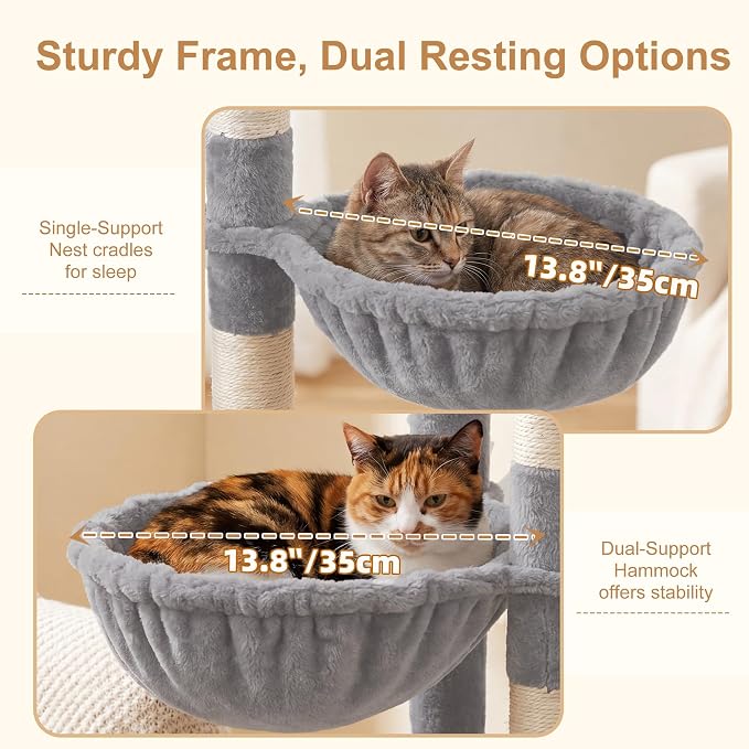 Heybly 68.1" Cat Tree with Oversized Top Platform & Wide Base, Heavy Duty Cat Tower for Large Indoor Cats with 2 Condos, 2 Hammocks, 10 Sisal Scratching Posts, Stable Cat House, Light Gray HCT059W