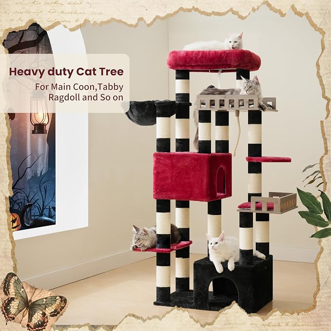 Gitelsnour Maine Coon Cat Tree, Heavy Duty Cat Tree for Indoor Cats Large Adult, Gothic Cat Tower for Large Cats 20 lbs+ with Hammock, 2 Big Perches, 2 Cat Condos, 15 Scratching Posts, Black GCT033BR