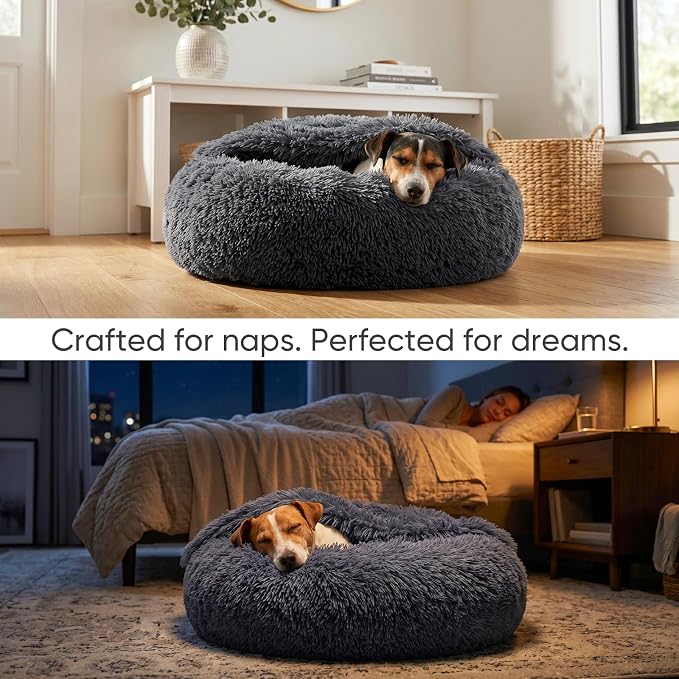 Himax Medium Dog Bed, Round Dogs Beds with Blanket Attached, Comfort Fluffy Calming Dog Bed Washable (20"/26"/35") Deep Grey