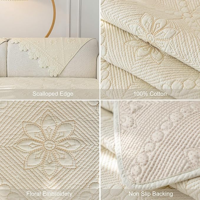 Cotton Quilted Dog Couch Cover for Sofa Farmhouse Rustic Embroidery Sectional Couch Cover Soft Anti-Slip Sofa Slipcover Furniture Protector for Kids, Pets (Ivory,28"x59")