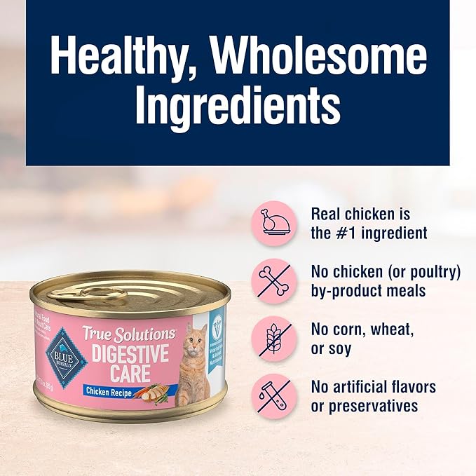 Blue Buffalo True Solutions Wet Food for Cats, Digestive Care Formula with Clinically Proven Ingredients, Chicken Recipe, 3oz Cans, 4Pack Trial Size