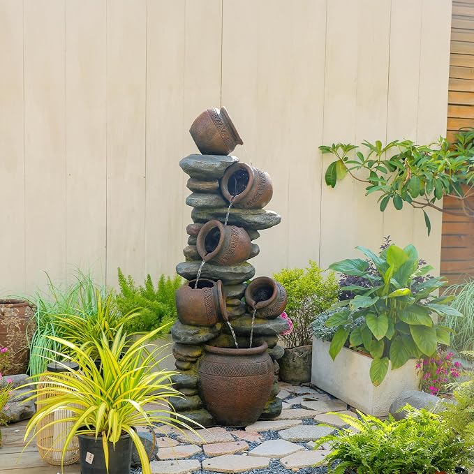 60" H Large Outdoor Water Fountain, 5-Tier Cascading Waterfall Fountain Feature with LED Lights, Rustic Crock Garden Water Feature for Patio, Backyard, Porch, Indoor & Outdoor Décor