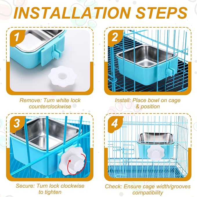 Crate Dog Bowl, Removable Stainless Steel Pet Cage Hanging Anti-Overturn Food Water Feeder Cage Cup (Square, Orange, 11.1oz), Intended for Puppies/Cat/Rabbit/Bird