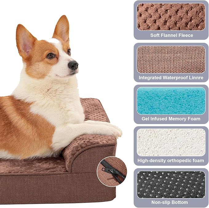 Rainmr Orthopedic Dog Beds for Large Dogs, Memory Foam Dog Beds Large Sized Dogs, Washable Removable Cover, Nonskid Bottom, Waterproof, for Indoor, Outdoor, Crate ＆ Car Use, 41x27x6 Inches, Brown Grey