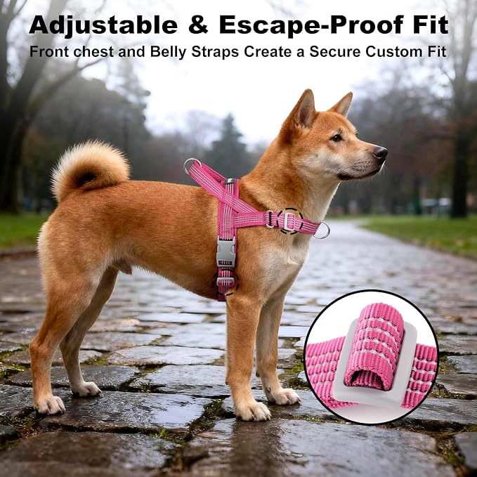 No Pull Dog Harness with Handle, Adjustable Soft Mesh Padded Reflective Walking Harness with Front Clip for Small Medium Large Dogs – Quick Fit No Escape for Training and Hiking (Pink, XL)
