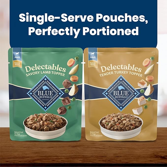Blue Buffalo Delectables Variety Pack Natural Wet Dog Food Topper (Savory Lamb & Tender Turkey) Tender Cuts in Gravy with Natural Ingredients, Vitamins & Minerals, 3-oz. Each (12 Pouches)