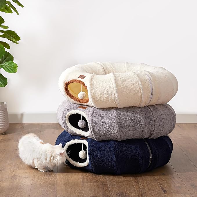 ZOMISIA Cat Tunnel Bed for Indoor Cats, Cute Cat Donut Toy Tunnel for Small Large Cats with Washable Circle Cushion, Peekaboo Pet Cave Play Tunnel for Kitten, Puppy, Navy Blue