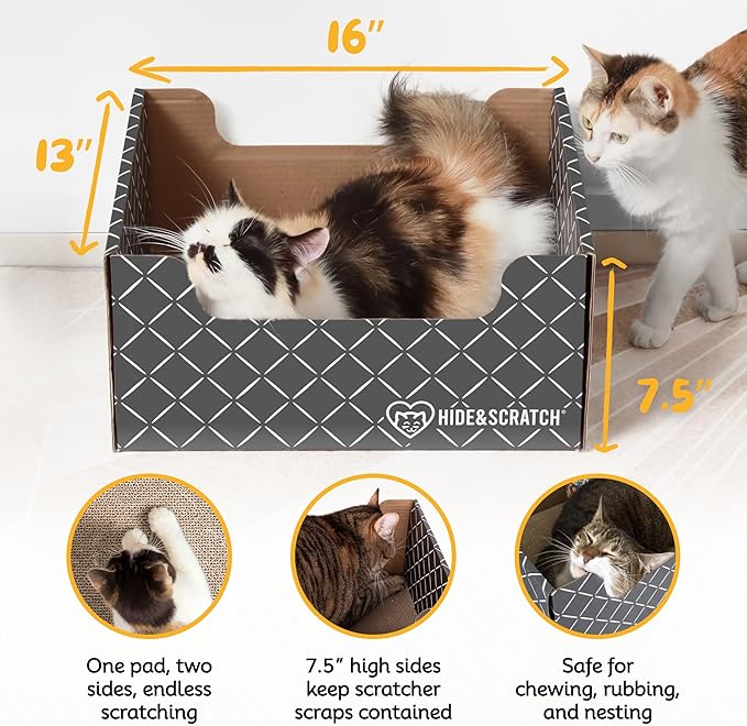 Hide & Scratch Cardboard Cat Scratcher Box & Bed - Dark Grey Diamond | Double-Sided Corrugated Pad for Indoor Cats | Refillable Scratching Board Toy for Play & Furniture Protection