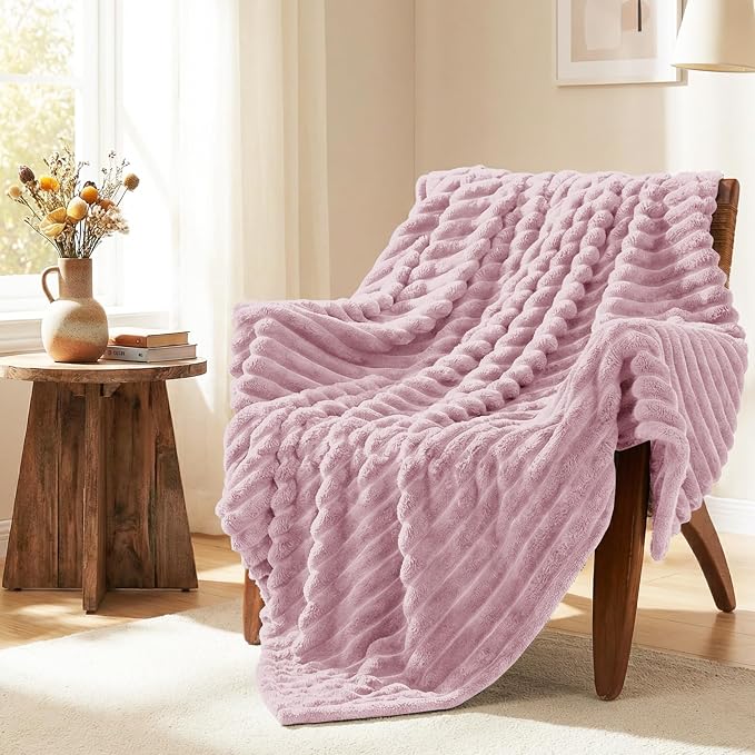 HIMEET Fleece Dusty Pink Full Size Blanket for Bed - 300GSM Ribbed Cozy Bedding Blanket, New Home Birthday Gifts for Women Girls Her, College Dorm Essentials Aesthetic Room Decor Throws, 84x90 Inches