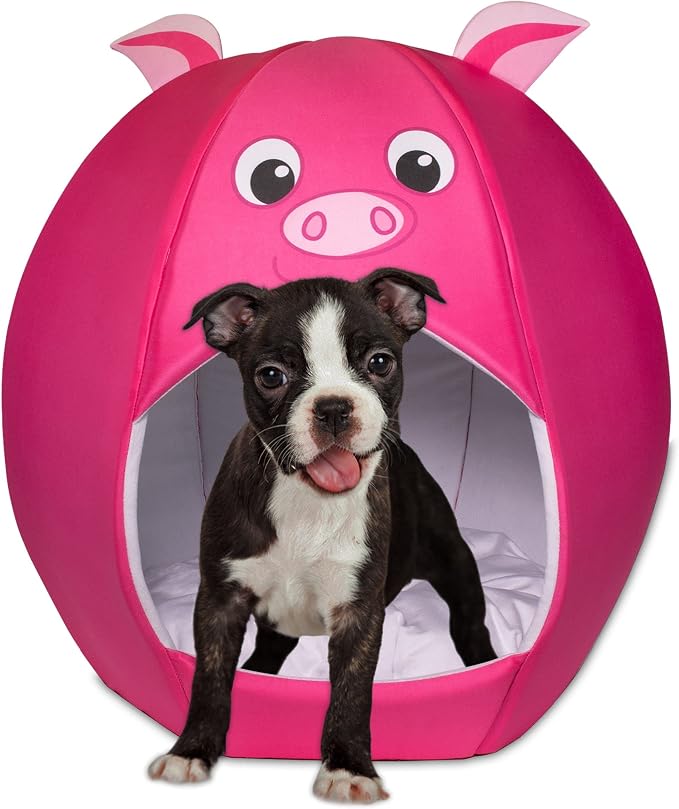 Maccabi Art Pig Theme Dog Bed - Cute Igloo Style Pet Bet - Fits Small Dogs, Puppies, Cats - Pillow Insert with Plush Lined Interrior, Non-Slip Igloo Design - 16 x 16 x 18