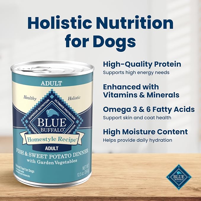 Blue Buffalo Homestyle Recipe Fish & Sweet Potato Dinner with Garden Vegetables Natural Wet Dog Food for Adult Dogs, Paté with Natural Ingredients, Vitamins & Minerals, 12.5-oz. Can (12 Count)