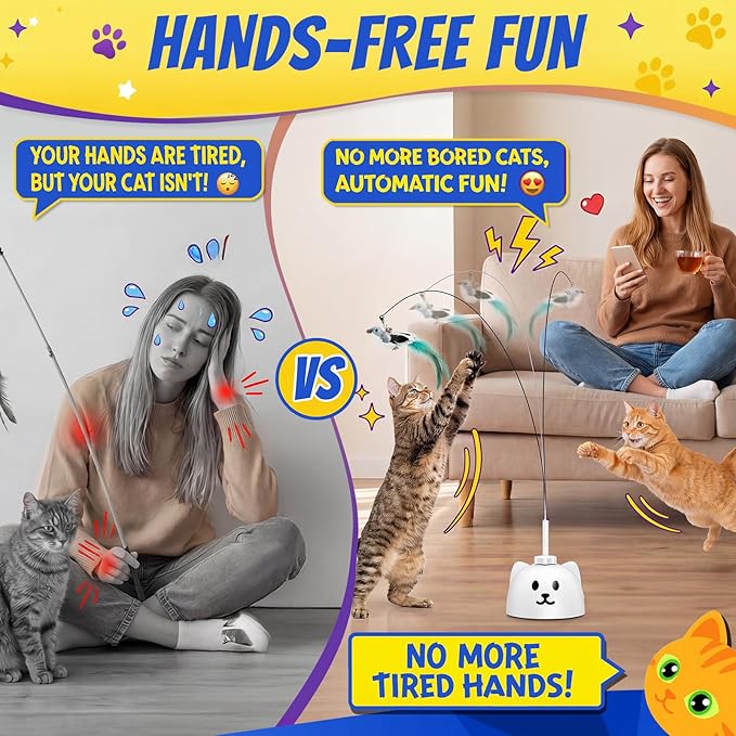 CATPICK Interactive Cat Toys for Indoor Cats - Automatic Flying Bird Feather Toy, Rechargeable Electric Cat Wand with Sticky Suction Base, Smart Motion Activated Self-Play Enrichment Toy for Bored Cat