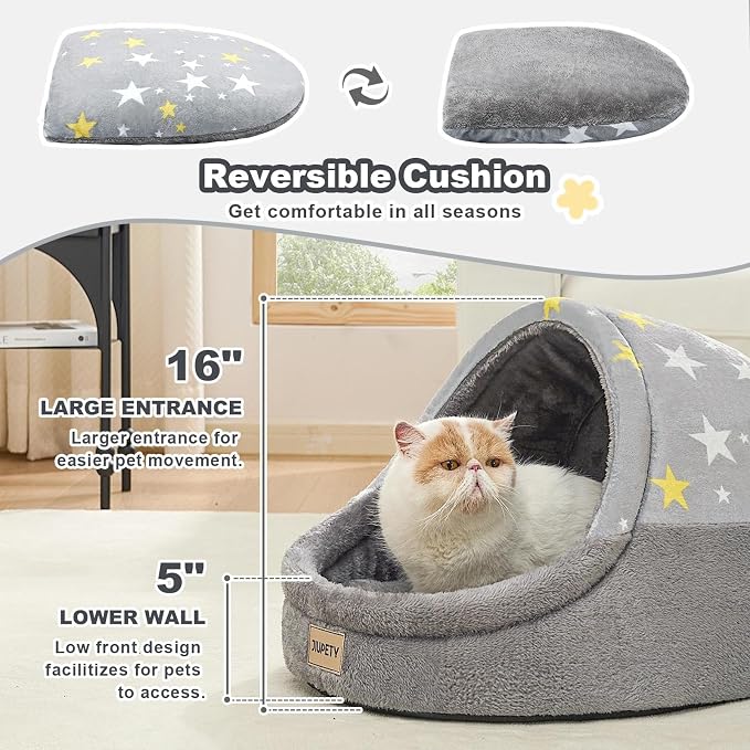 Jiupety Cute Cat Beds for Indoor Cats, Cat Cave Bed for Kittens, Burrowing Cat Bed & Puppy Bed with Anti-Slip Bottom, Washable Removable Cushion, L(19"x17"x16"), Gray Star