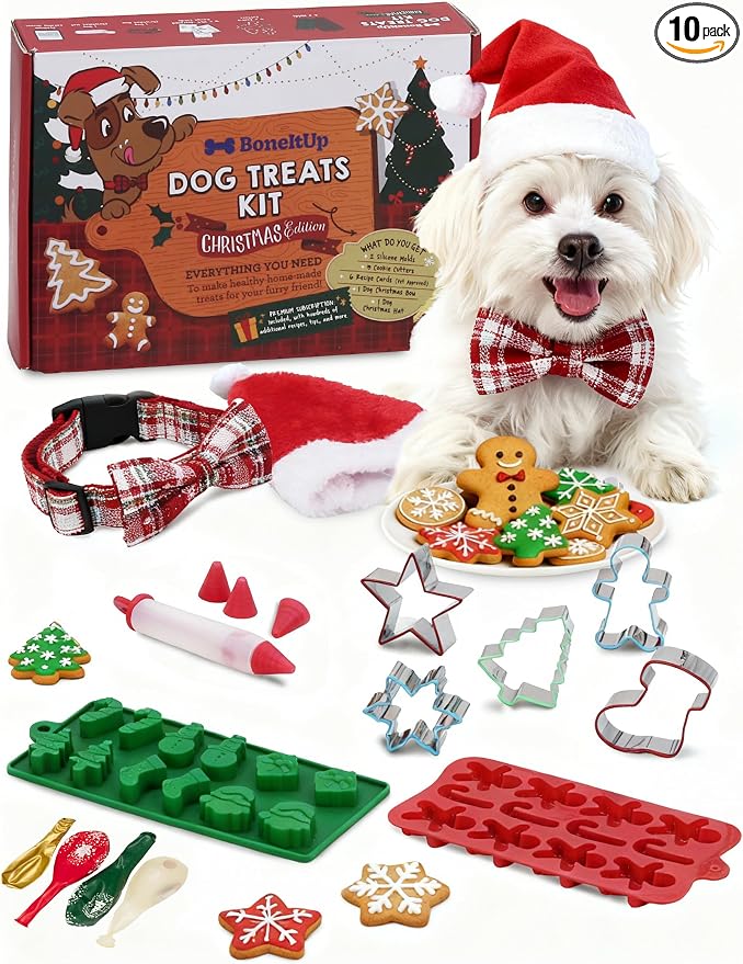 Dog Treat Kit for Christmas – 2 Silicone Christmas Edition Cookie Molds, 5 Cookie Cutters, 10 Recipes, Bow, Dog Hat, 4 Decorating Balloons, Decorating Pen – Ideal DIY Kit for Dogs Lover