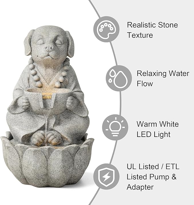 Glitzhome Water Fountain Outdoor, Outdoor Fountain with Lights&Pump, 22" H 2-Tiered Concrete Dog Statue Zen-Style Water Fountain Polyresin Water Feature for Home Patio Garden Backyard Decor