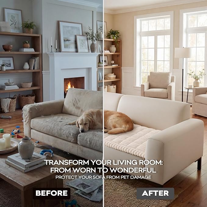 decorUhome Non-Slip Fuzzy Couch Cover for Dogs, Soft Thick Washable Pet-Friendly Protector, Sofa Slipcover for 2 Cushion Sofa/Loveseat, White, 27.6" x 59"