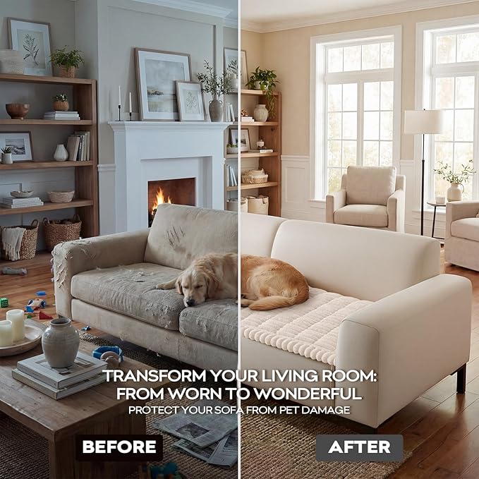 decorUhome Couch Cover for Dogs, Non-Slip Fuzzy Loveseat Protector for Seat & Backrest, Soft Washable Pet-Friendly Sofa Protector, White, 27.6" x 47"