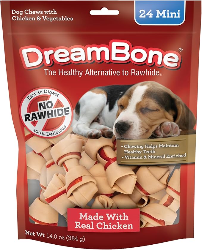 DreamBone Chicken Mini Bone Dog Treats, Daily Rawhide-Free Chew, Digests Safely and Completely, With Real Protein, Chicken and Veggies, 24 count