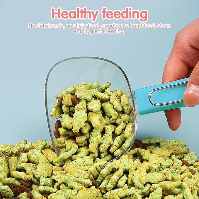 Pet Food Scoop Set 3-Pack, Long Handled Cat Food Measuring Cup with Stainless Steel Clip, Silicone Pet Can Mixing Spoon with Opener, Cute Cat Strip Feeder, Easy to Clean, Safe and Reliable