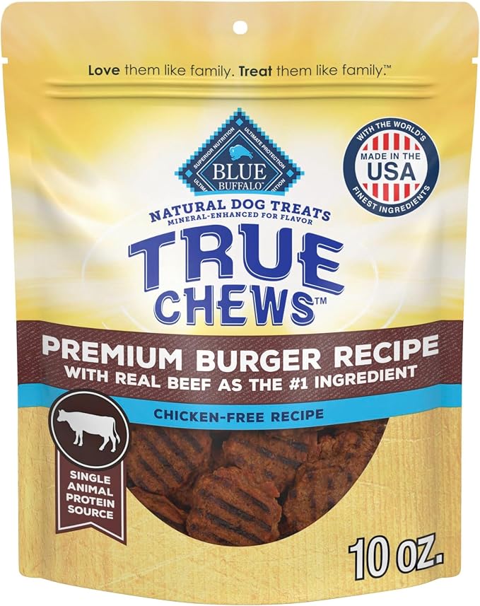 Blue Buffalo True Chews Premium Burger Recipe, Chicken-Free Natural Dog Treats, Mineral-Enhanced for Flavor, 10 oz. Bag