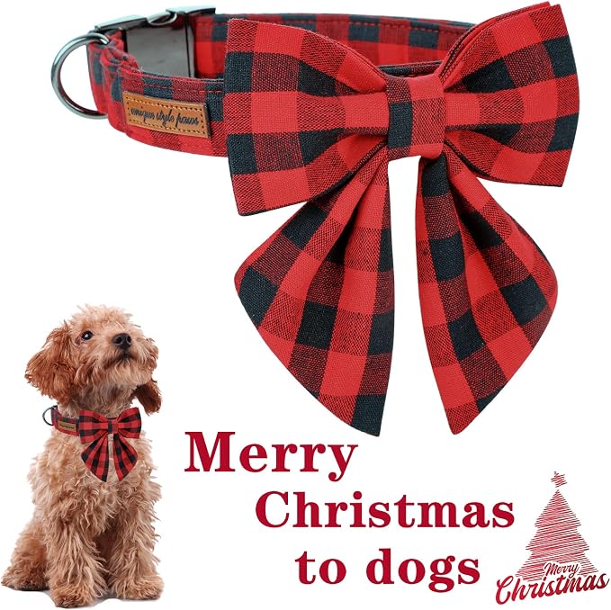 Unique style paws Christmas Dog Collar with Bow Tie Classic Red Plaid Puppy Collar for Small Medium Large Dogs as Holiday Winter Gifts-M