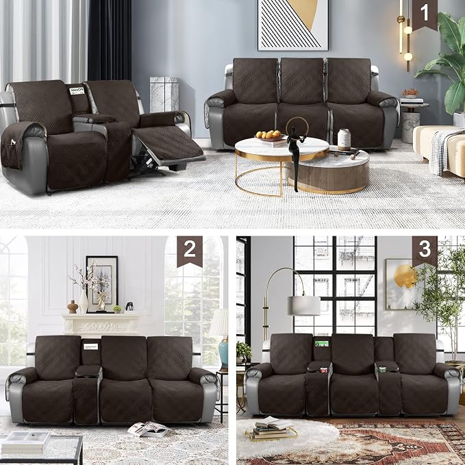 TAOCOCO 100% Waterproof Recliner Couch Covers with Console, Sofa Covers for Reclining Sofa 3 Seat with Straps Design, Split Recliner Sofa Cover Furniture Pets Kids Protector (3 Seater, Chocolate)