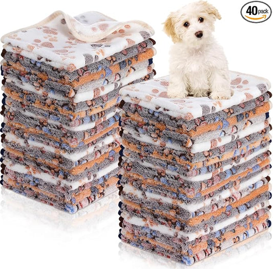 Chumia 40 Pcs Dog Blankets Soft Fluffy Fleece Washable Puppy Sleep Blankets Small Mat for Pets Throw Warm Bed Mat for Dog Puppy Cat (Brown,White,Black,Blue,Paw)