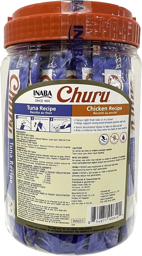 INABA Churu Lickable Grain-Free Purée Cat Treats, 25 Tuna & 25 Chicken | Grain-Free, Lickable, Squeezable Creamy Purée, Treat/Topper