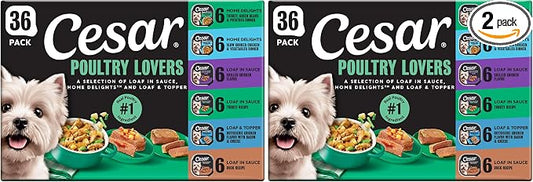 Cesar Classic Loaf in Sauce Adult Wet Dog Food Poultry Lovers Variety Pack with Real Chicken,Turkey or Duck,3.5 oz Easy Peel Trays,36 Count (Pack of 2)