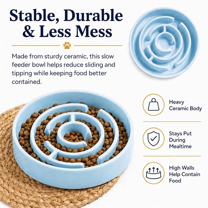 Ceramic Slow Feeder Dog Bowls with Anti-Slip, Slow Feeder & Non-Slip Design, Boredom and Anxiety Reducer, Suitable for All Breed Dogs and Cat (Ceramic-Blue)