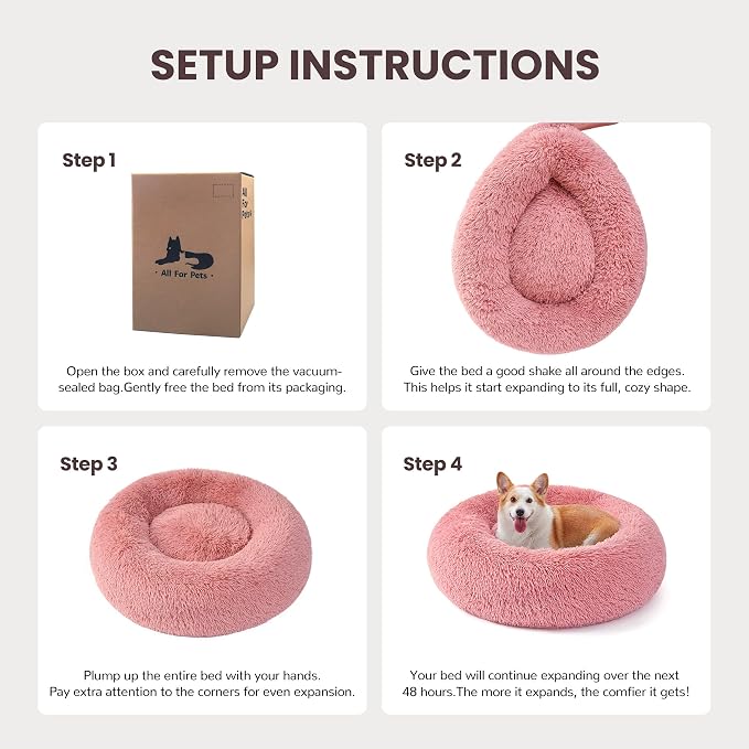 Donut Dog Bed Medium Size Dog, Round Cat Beds for Small Medium Dogs and Cats with Washable Fluffy Faux Fur, Cute Comfort Pet Bed with Anti-Slip Bottom, Pink, 30"