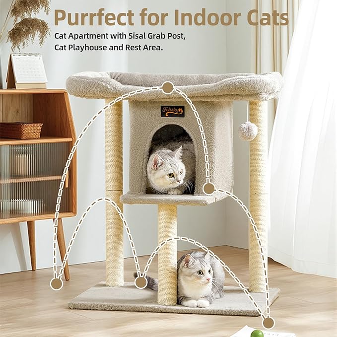 Cat Tree Tower Scratching Post for Indoor Large Cats, Small Cat Tree with Big Perch Bed, 28in Tall Trees House with Condo Cave, Toy Balls, Modern Climbing Furniture Platform for Kitten (Light Gray)